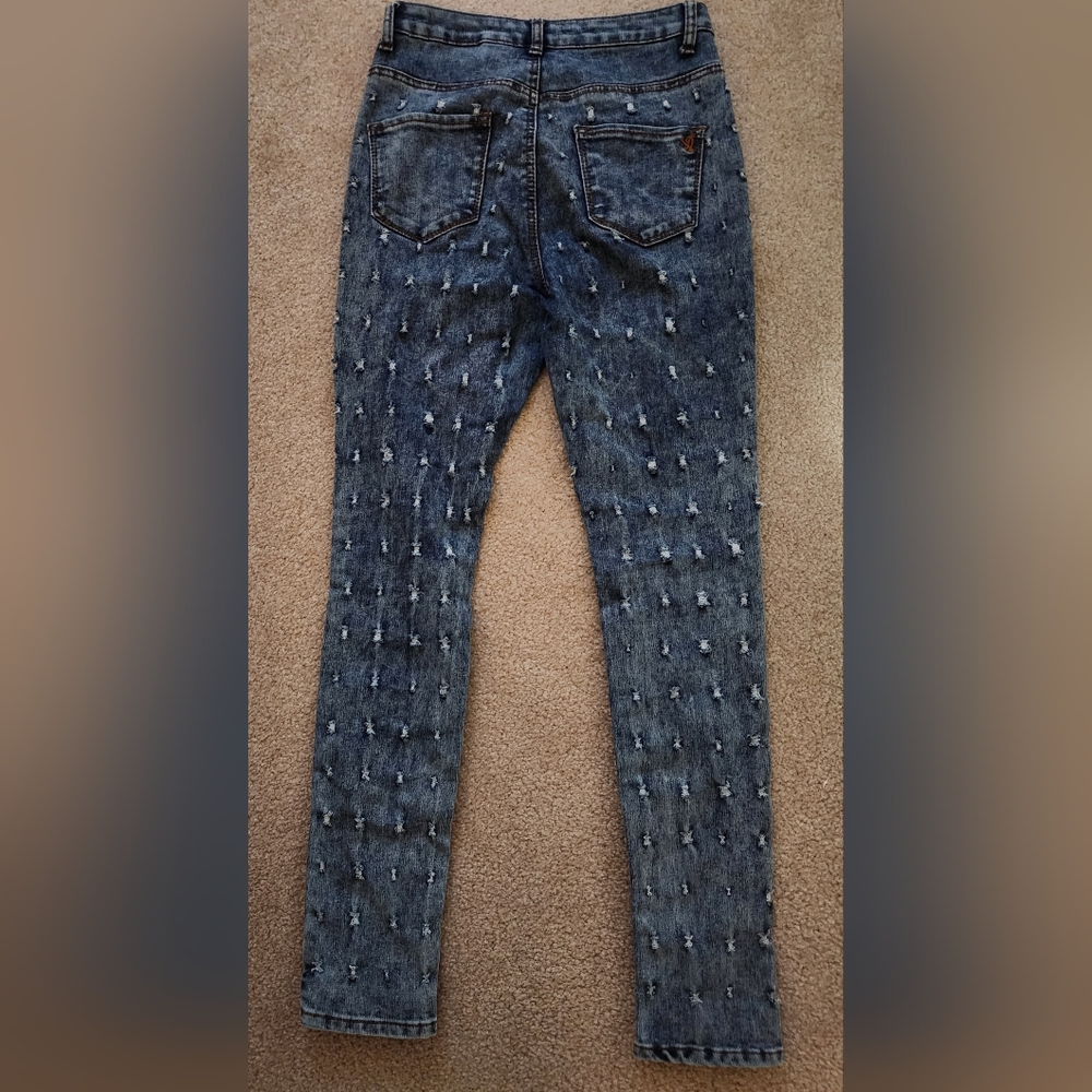 VIP Jeans - V.I.P. - Bullet Holes Distressed- Women's Blue Jeans 7/8 - Picture 3 of 5